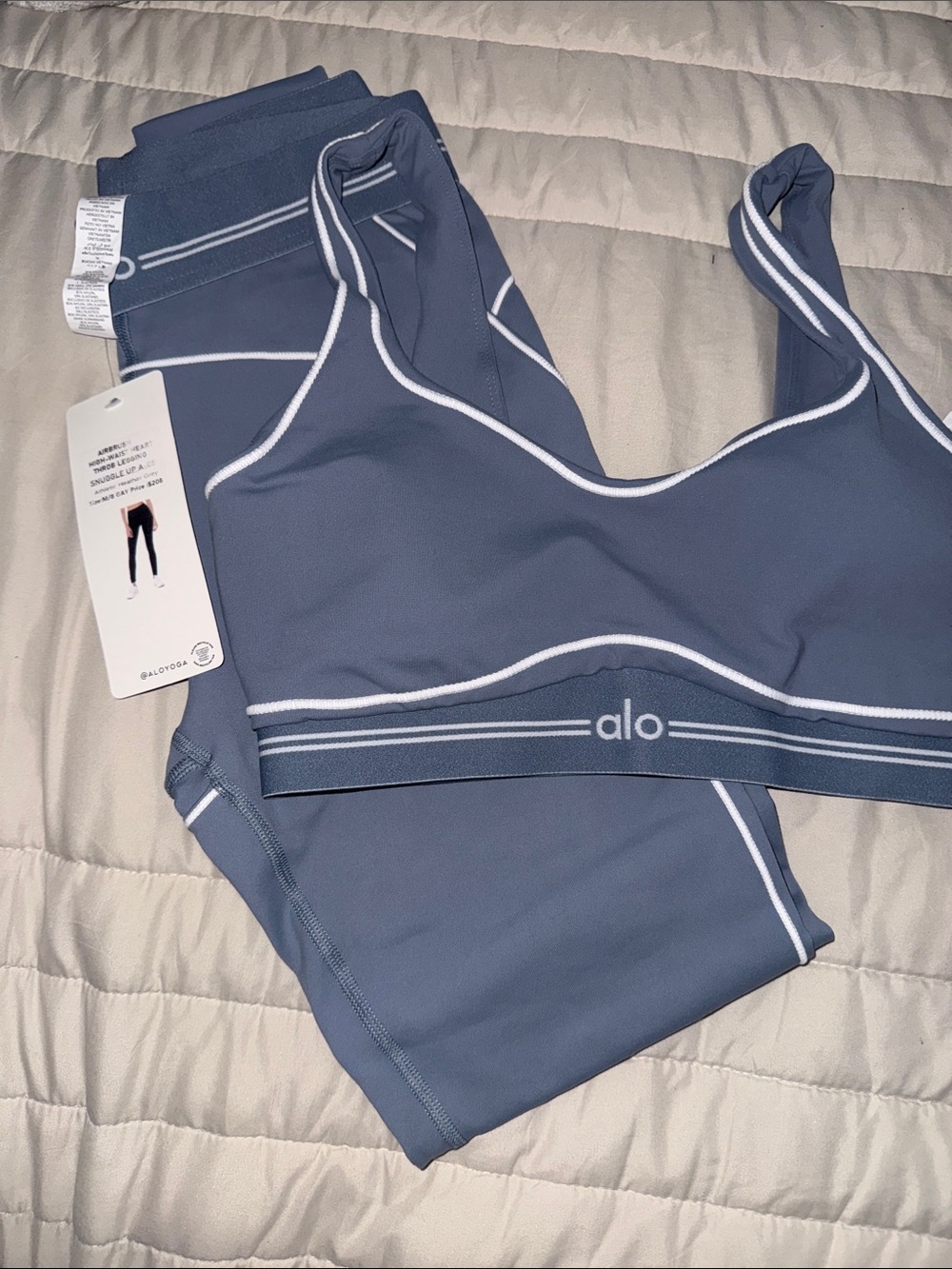 ALO Yoga Slate Blue Sports Bra & Leggings Set with White Piping